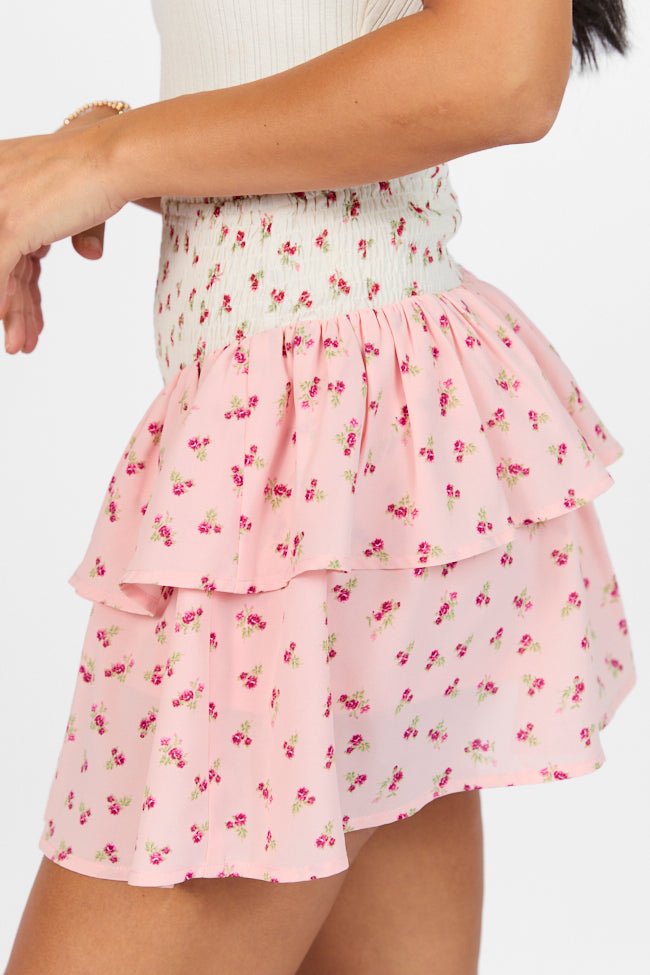 Special Day Ivory and Pink Multi Floral Color Block Tiered Skort SALE - ShopLorca