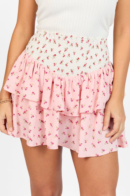 Special Day Ivory and Pink Multi Floral Color Block Tiered Skort SALE - ShopLorca