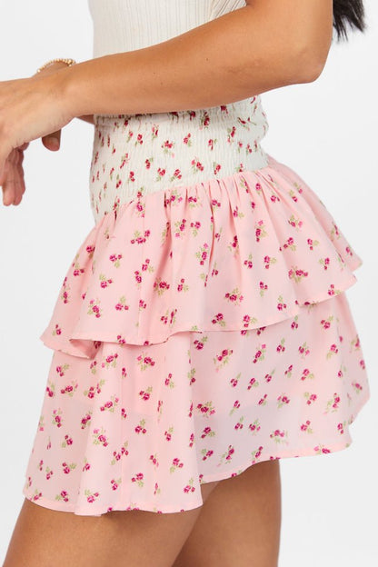 Special Day Ivory and Pink Multi Floral Color Block Tiered Skort SALE - ShopLorca