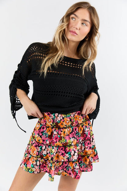 Through The Garden Black Multi Color Floral Mini Skort SALE - ShopLorca