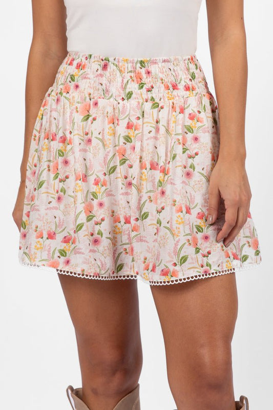 Through The Garden Ivory Multi Floral Eyelet Trim Mini Skort - ShopLorca