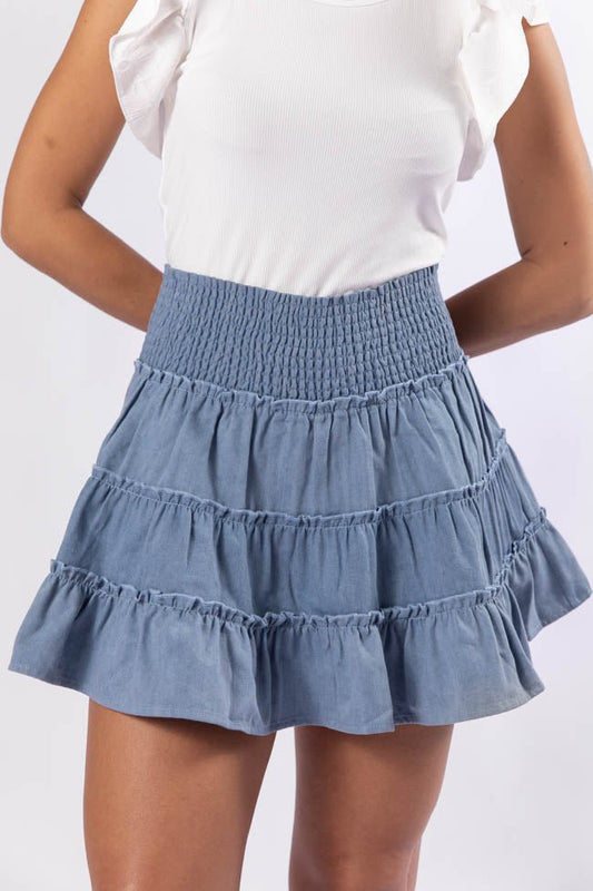 Through The Garden Medium Wash Chambray Mini Skort SALE - ShopLorca